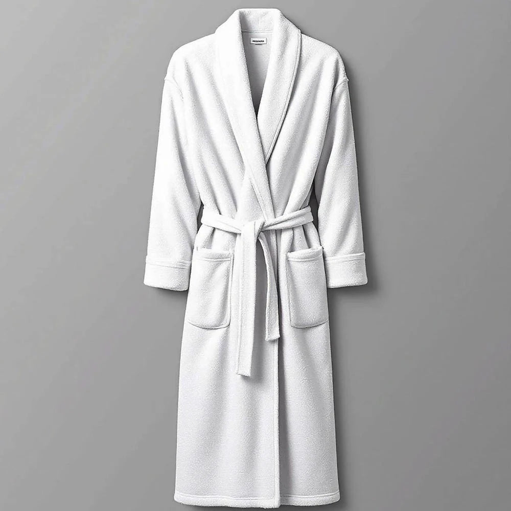 Linen and Co White Towelling Bath Robe on a grey background