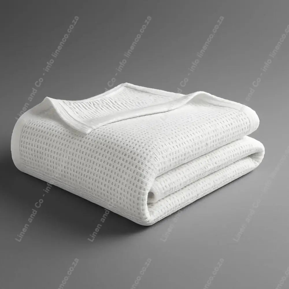Linen and Co White Cotton Cellular blanket folded on a grey background