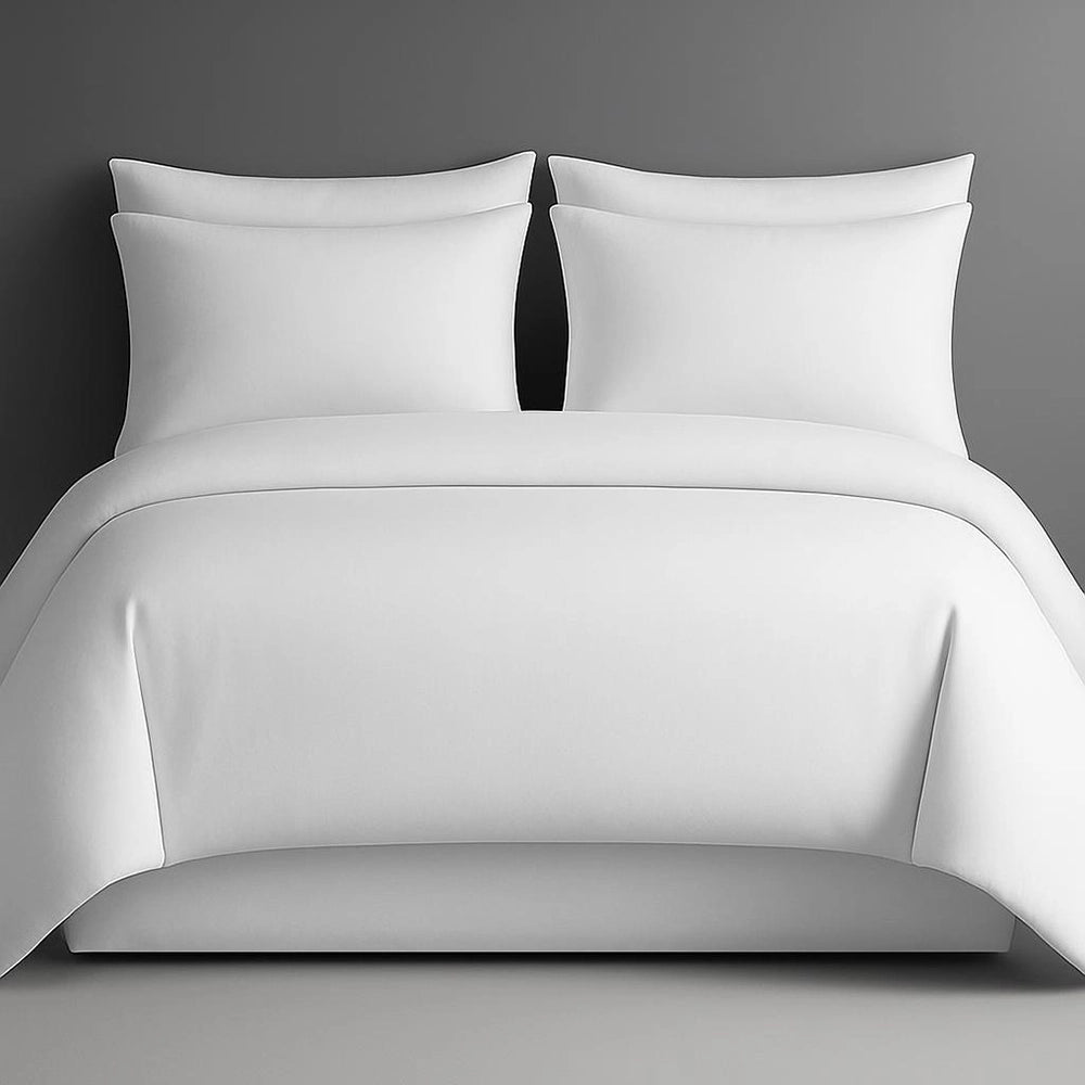 White plain cotton percale duvet cover set with 300 thread count, showcasing minimalist elegance and premium hospitality-grade bedding. Clean, crisp design perfect for luxury hotels and sophisticated home interiors, featuring pristine white pillows and duvet against a sleek grey background.