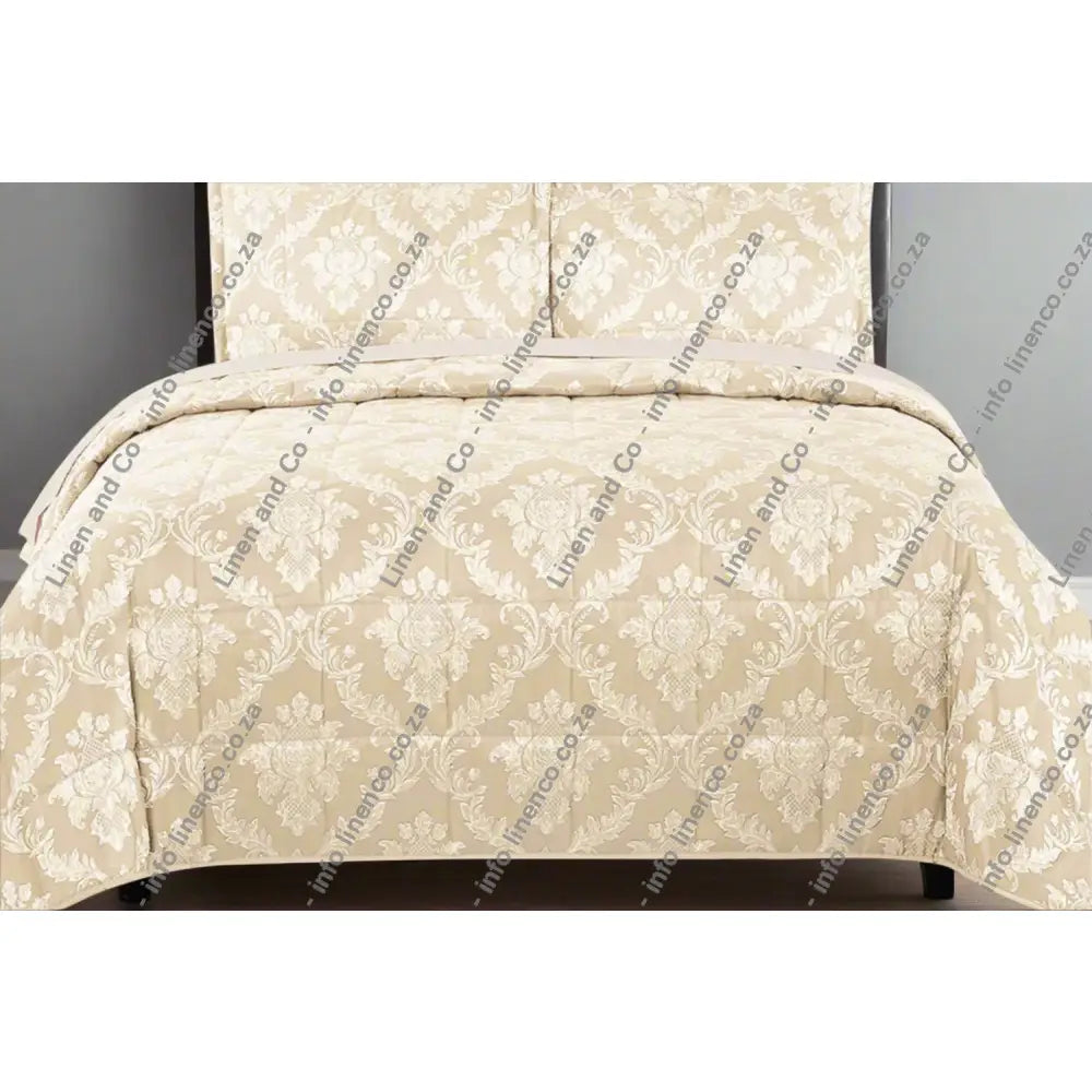 Natural Brisbane design Jacquard Quilted bedding set on a bed 