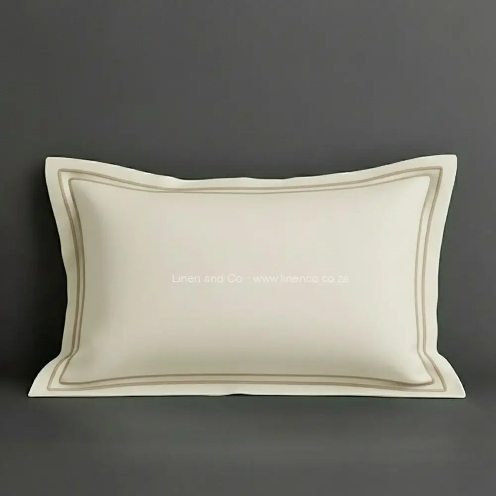 Cream oxford pillow case with stone two row satin stitch detail on a grey background. Luxury Hotel Linen by Linen and Co.