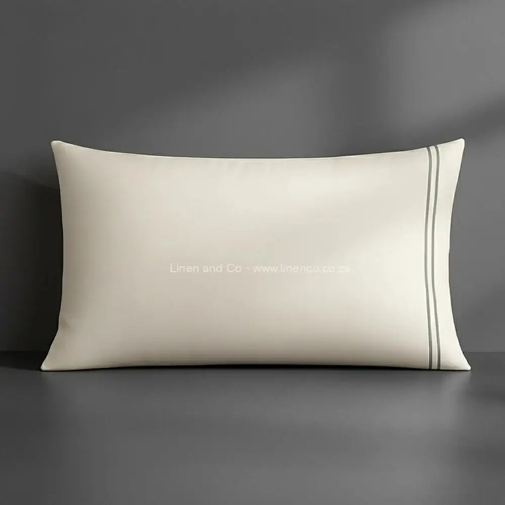 Pillow case cream with satin stitch oxford detail with grey background luxury hotel bed linen by Linen and Co
