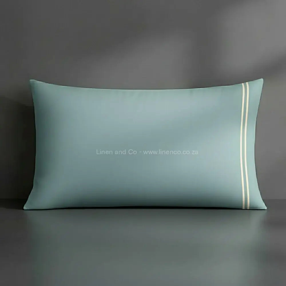 Pillow case duck egg with satin stitch oxford detail with grey background luxury hotel bed linen by Linen and Co