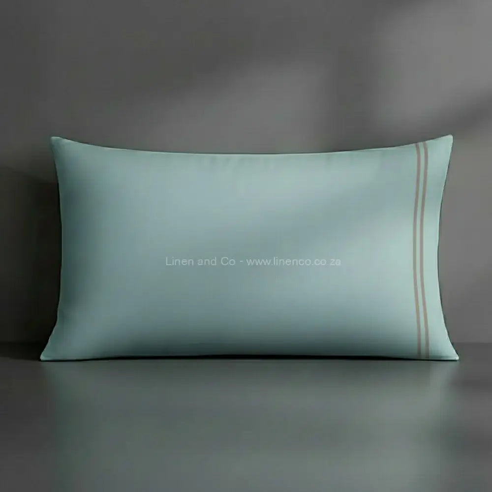 Pillow case duck egg with satin stitch oxford detail with grey background luxury hotel bed linen by Linen and Co