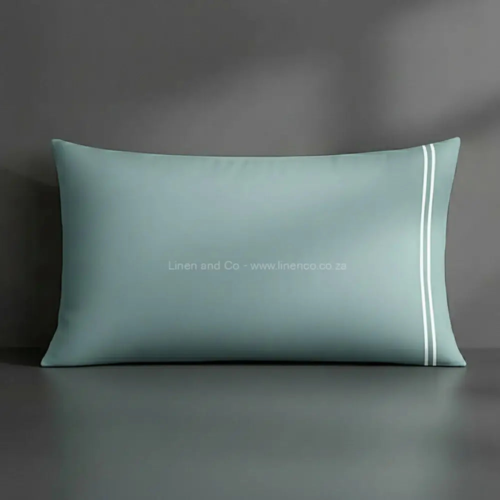 Pillow case duck egg with satin stitch oxford detail with grey background luxury hotel bed linen by Linen and Co
