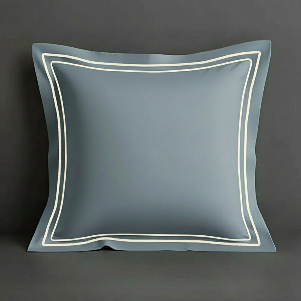Duck Egg oxford pillow case with two row satin stitch detail on a grey background. Luxury Hotel Linen by Linen and Co.