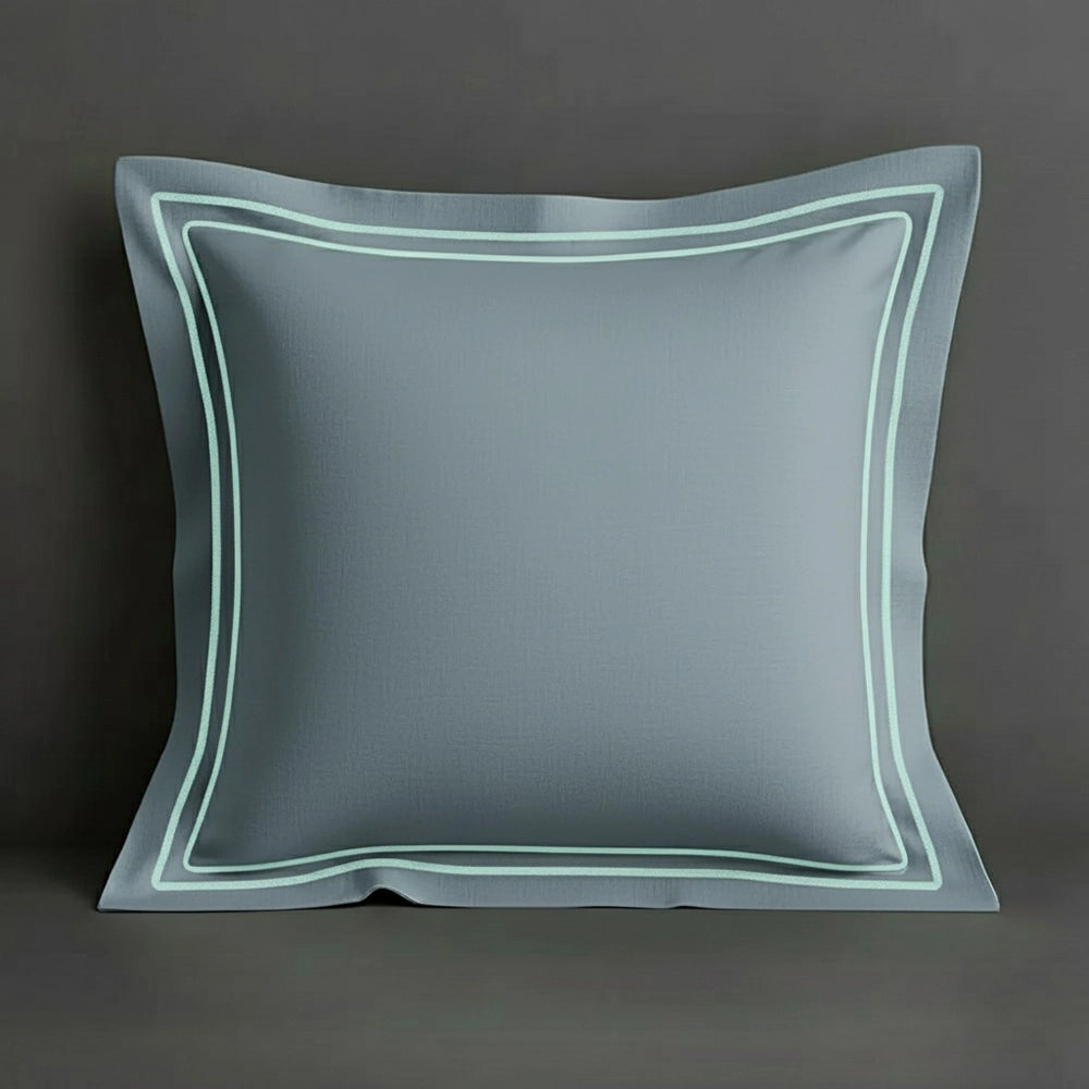 Duck Egg oxford pillow case with two row satin stitch detail on a grey background. Luxury Hotel Linen by Linen and Co.
