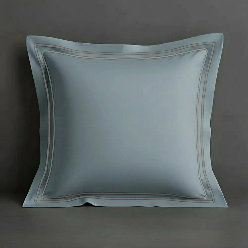 Duck Egg oxford pillow case with two row satin stitch detail on a grey background. Luxury Hotel Linen by Linen and Co.