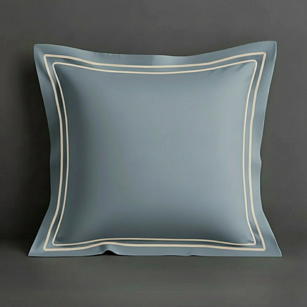 Duck Egg oxford pillow case with two row satin stitch detail on a grey background. Luxury Hotel Linen by Linen and Co.