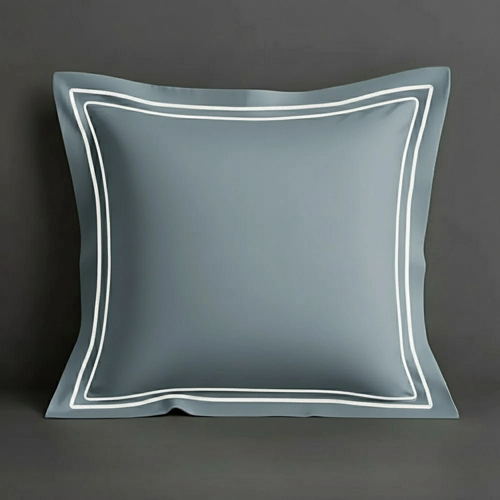 Duck Egg oxford pillow case with two row satin stitch detail on a grey background. Luxury Hotel Linen by Linen and Co.