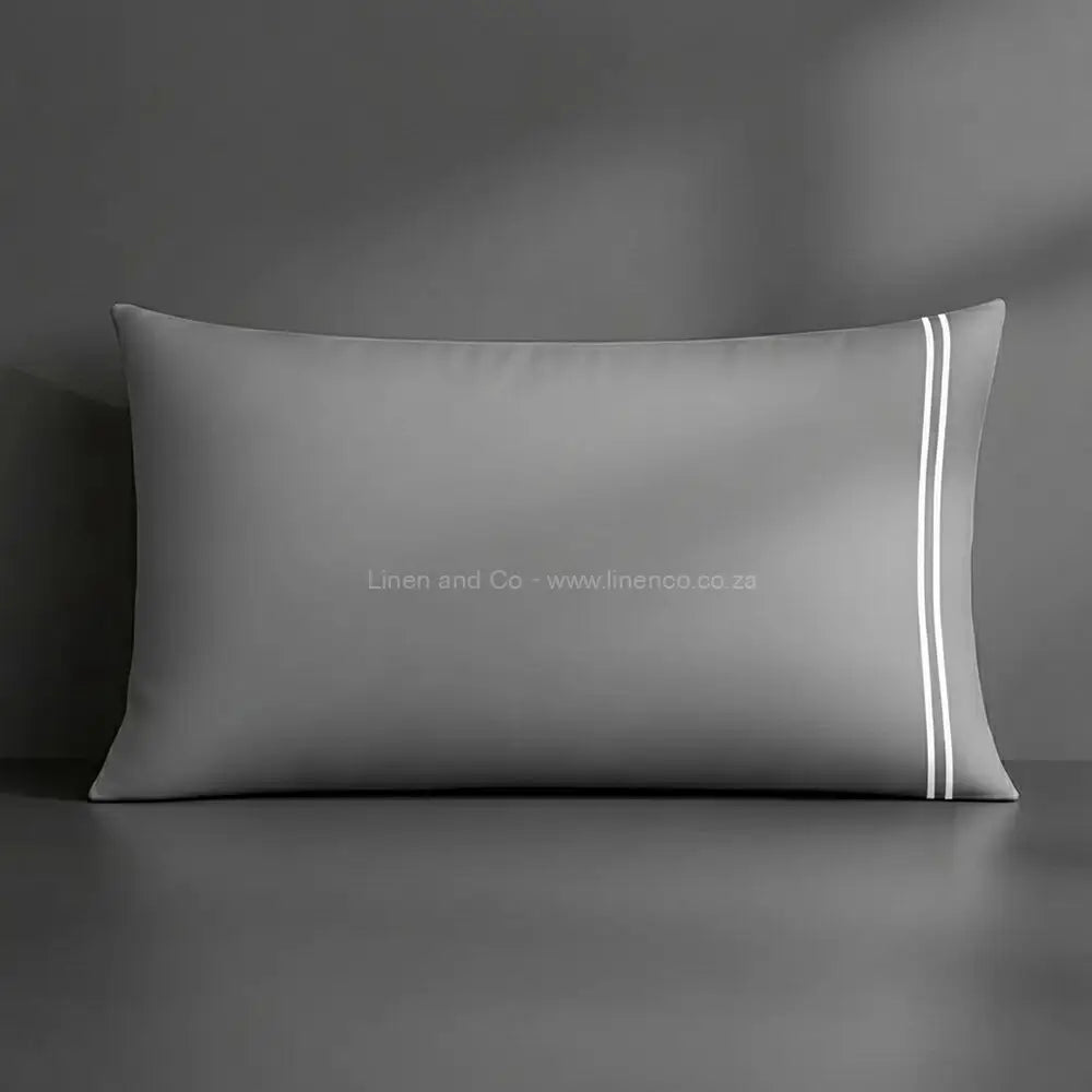 Pillow case grey with satin stitch oxford detail with grey background luxury hotel bed linen by Linen and Co