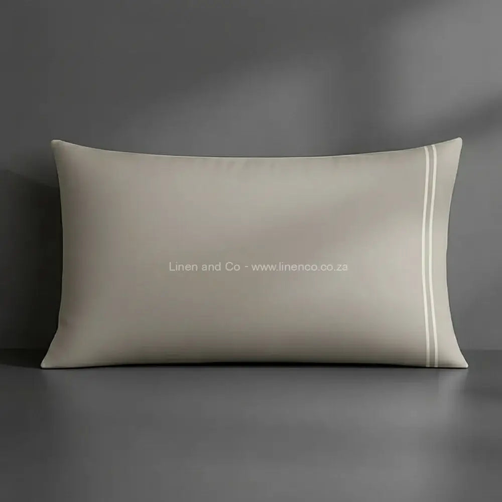 Pillow case stone with satin stitch oxford detail with grey background luxury hotel bed linen by Linen and Co