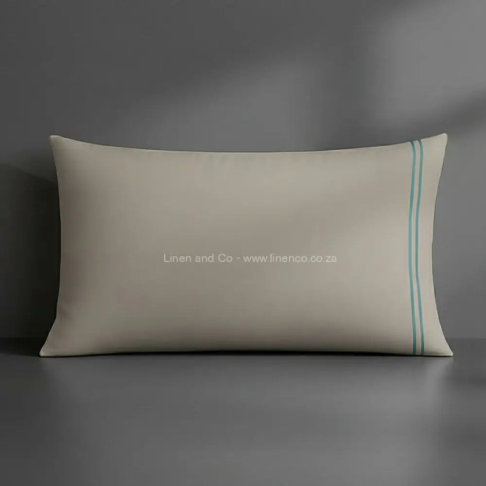 Pillow case stone with satin stitch oxford detail with grey background luxury hotel bed linen by Linen and Co