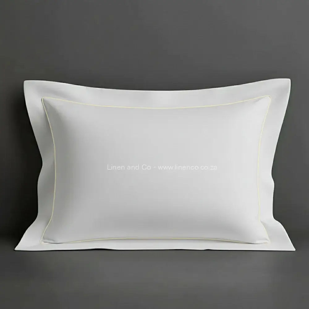 White oxford pillow case with cream one row satin stitch detail on a grey background. Luxury Hotel Linen by Linen and Co.