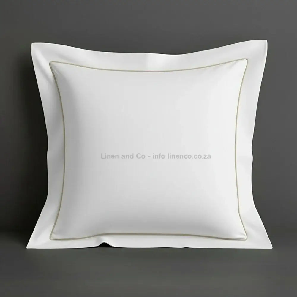 White continental oxford pillow case with stone one row satin stitch detail on a grey background. Luxury Hotel Linen by Linen and Co.