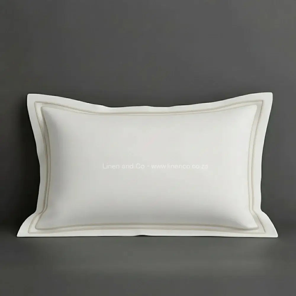 White oxford pillow case with stone two row satin stitch detail on a grey background. Luxury Hotel Linen by Linen and Co.