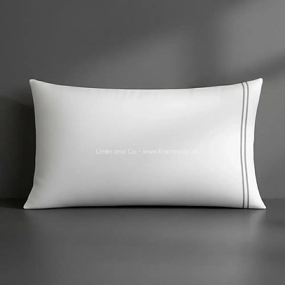 Pillow case white with satin stitch oxford detail with grey background luxury hotel bed linen by Linen and Co