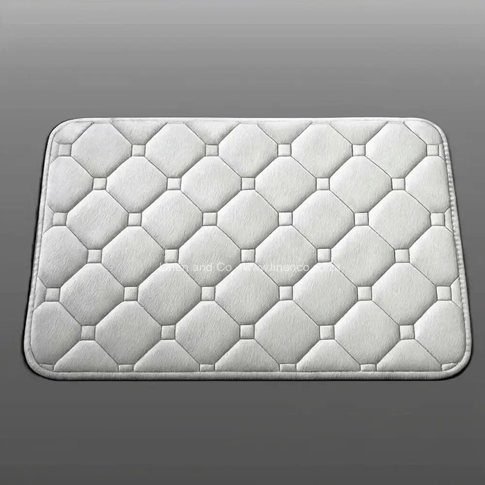 Platinum memory foam bath mat by Linen & Co on soft grey gradient background, 50x80cm luxury microfibre bathroom accessory with non-slip backing