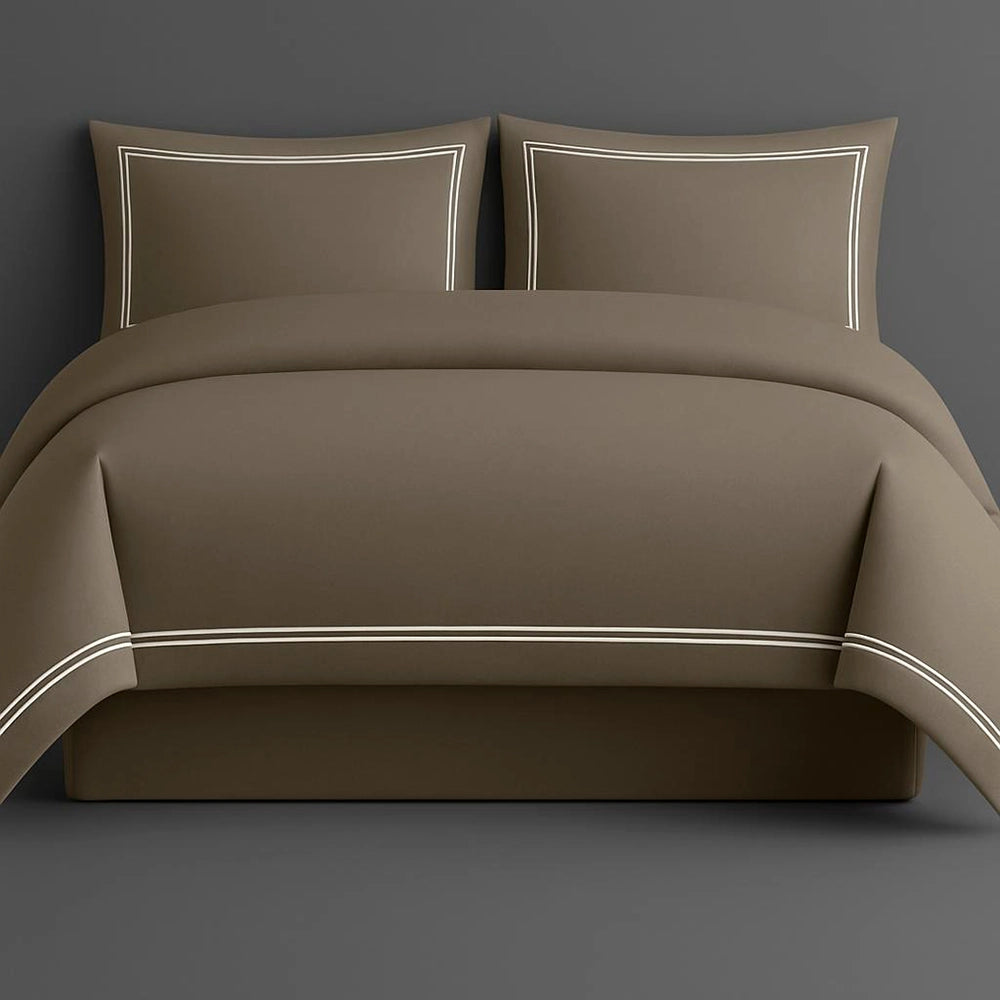 Stone  duvet cover set with elegant two-row satin stitch detailing, made from premium cotton percale 200TC for luxury hotel bedding