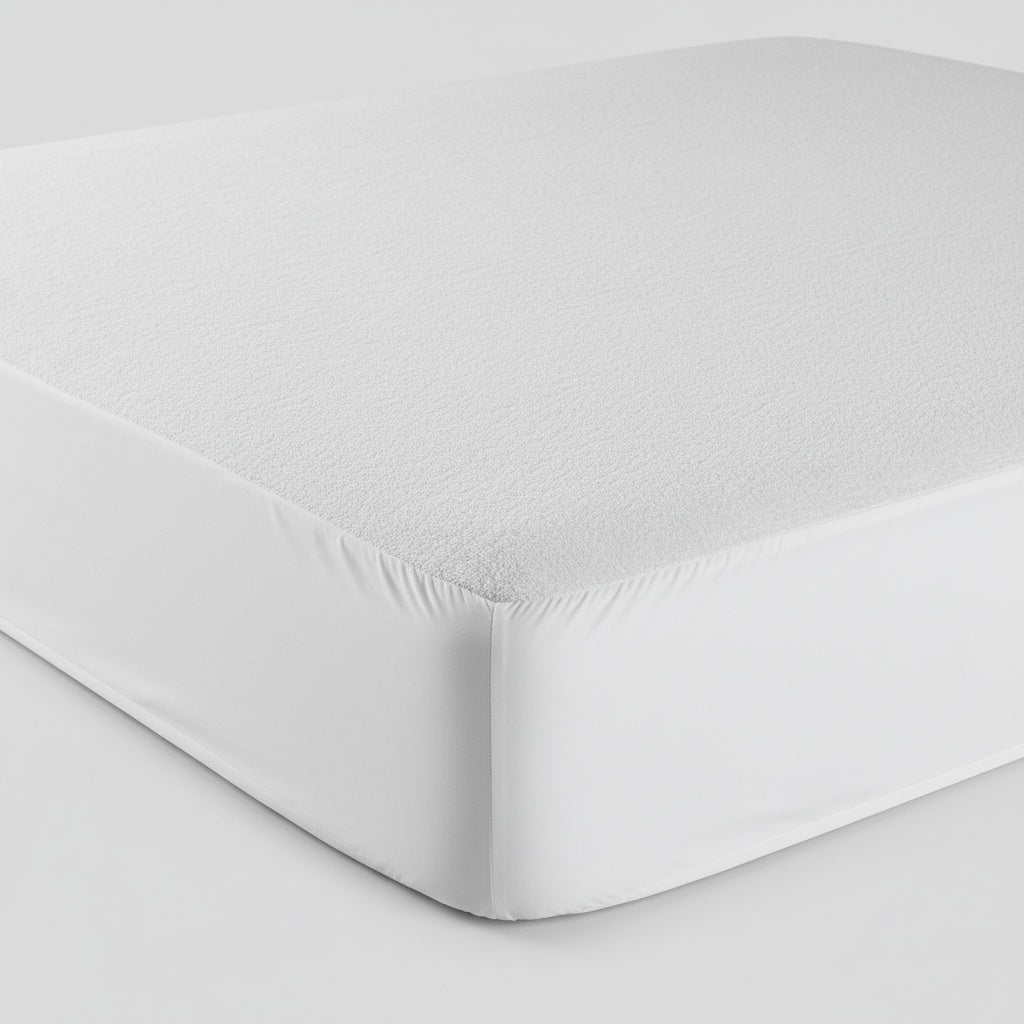 Mattress protector with textured terry cloth top surface and smooth plain sides, showcasing premium waterproof protection for hospitality and residential bedding.