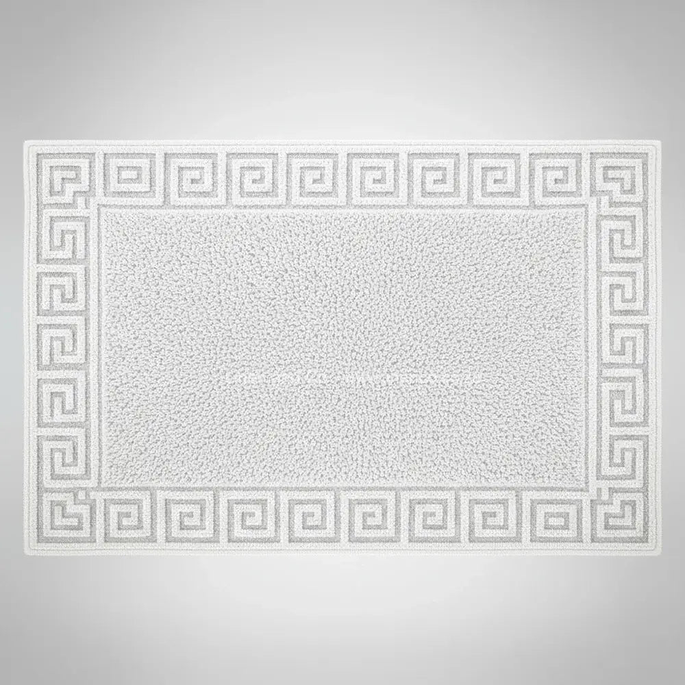 White bath mat with Greek Key Border from Linen and Co Hotel Collection - premium cotton terry hospitality textile