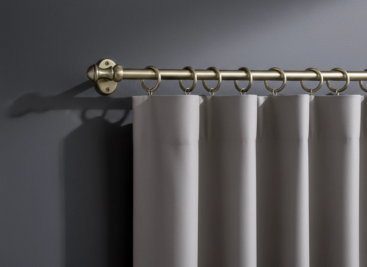 Antique brass curtain rod with rings and light grey curtains, premium quality for hospitality and residential interiors by Linen and Co