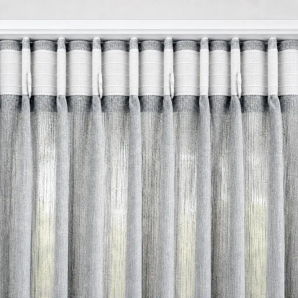 Close-up of Arissa Grey sheer taped curtain fabric and taped heading by Silk House for Linen & Co
