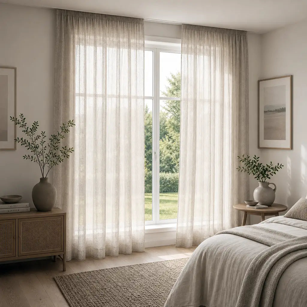 Arissa Sand sheer ready-made taped curtain by Silk House for Linen & Co