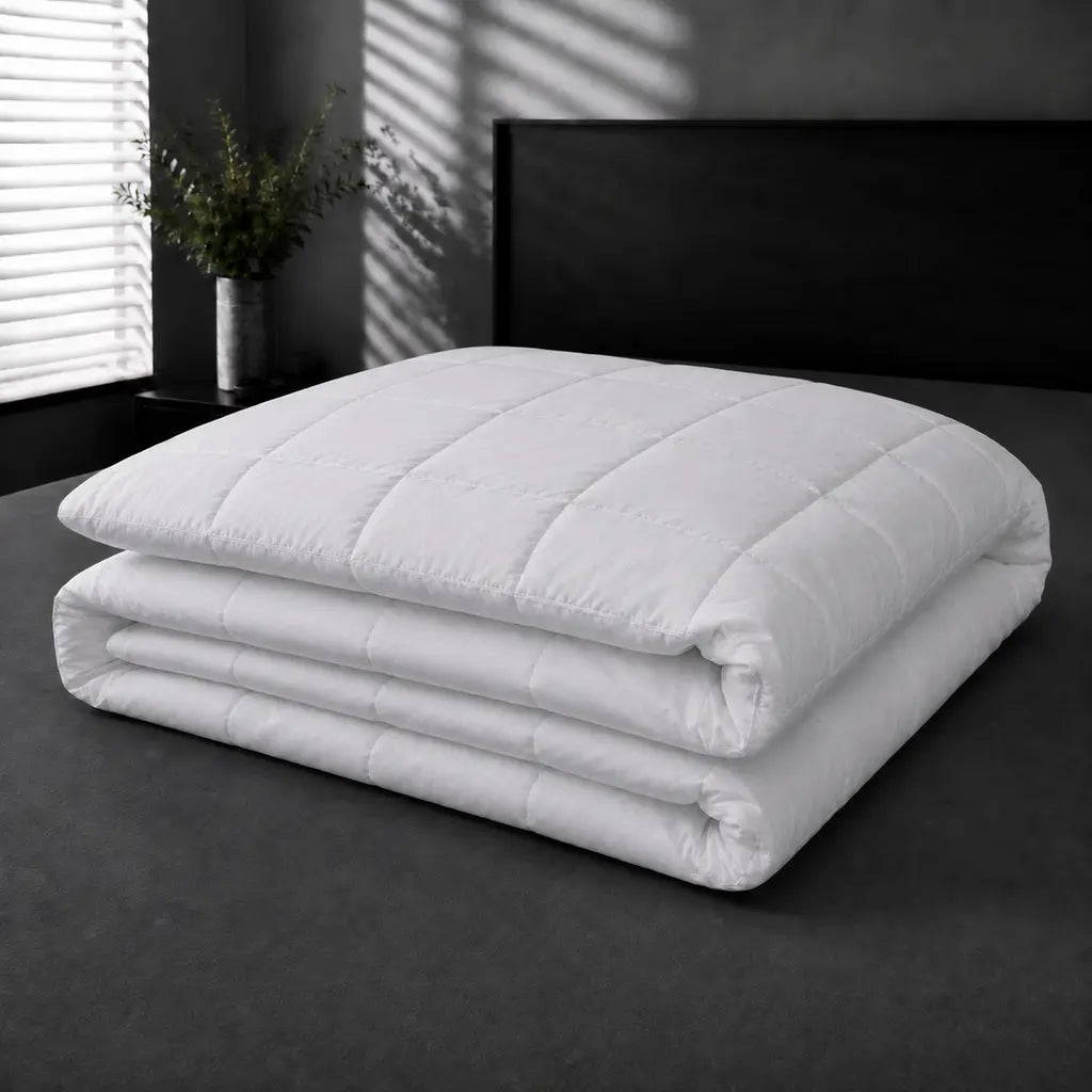 Folded Bristol Sleep Luxury 320gsm white microfibre duvet inner showing its box-stitched construction – Linen and Co
