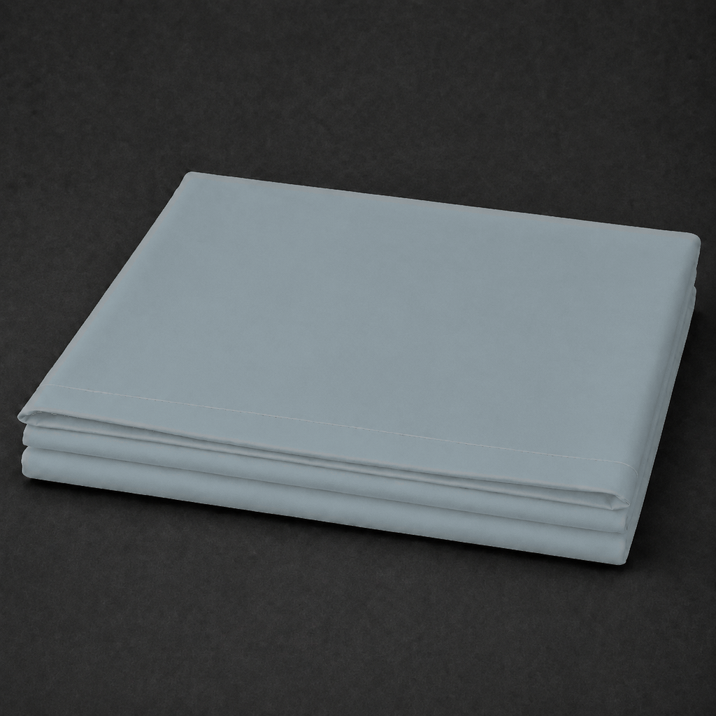 Duck Egg polycotton percale 200TC flat sheet with Natural Cream one-row satin stitch — folded product view.