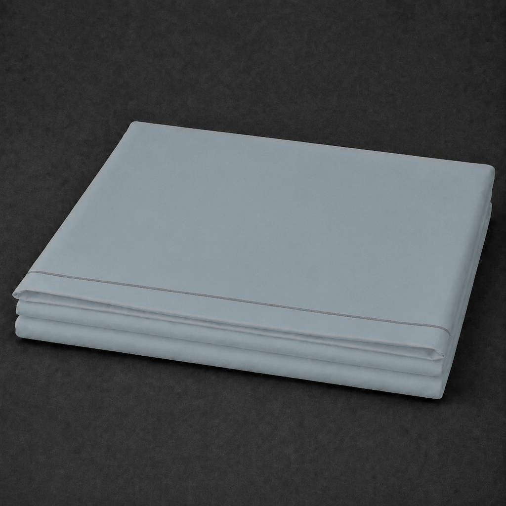 Duck Egg polycotton percale 200TC flat sheet with Stone one-row satin stitch — folded product view.