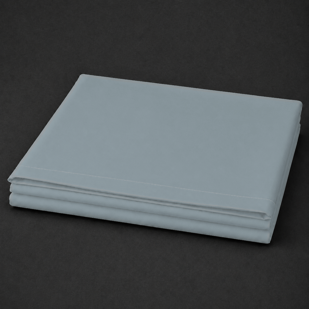 Duck Egg polycotton percale 200TC flat sheet with White one-row satin stitch — folded product view.