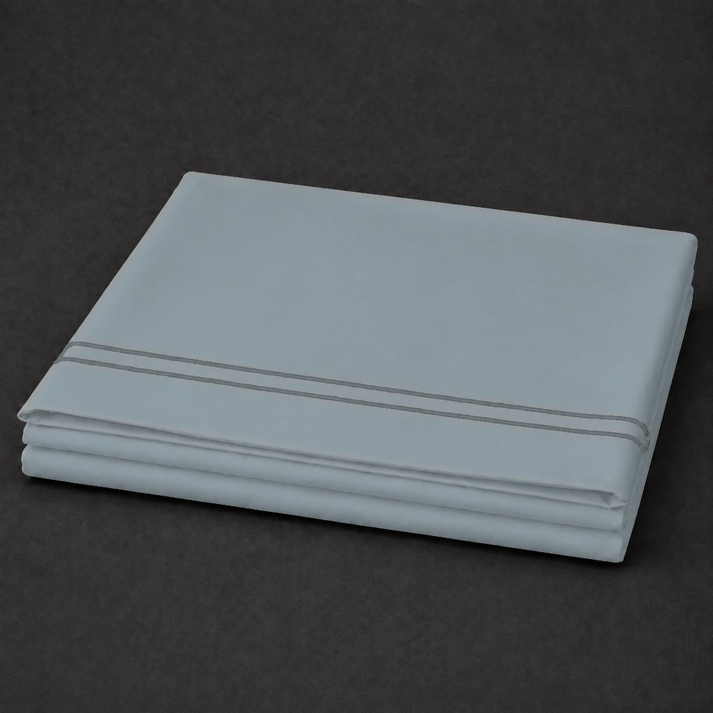Duck Egg polycotton percale 200TC flat sheet with Grey two-row satin stitch — folded product view.