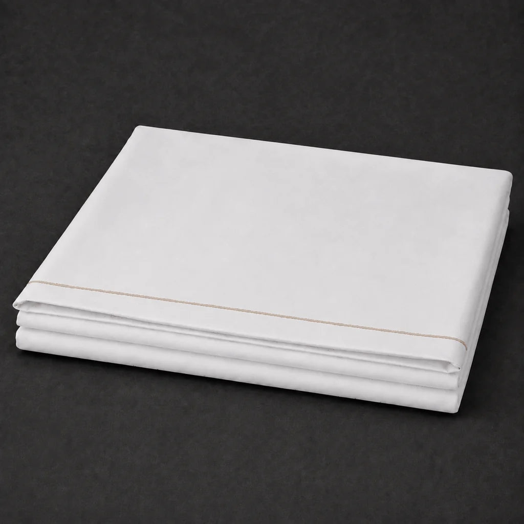 White Polycotton Percale 200TC flat sheet with Stone one row satin stitch - folded - Linen and Co
