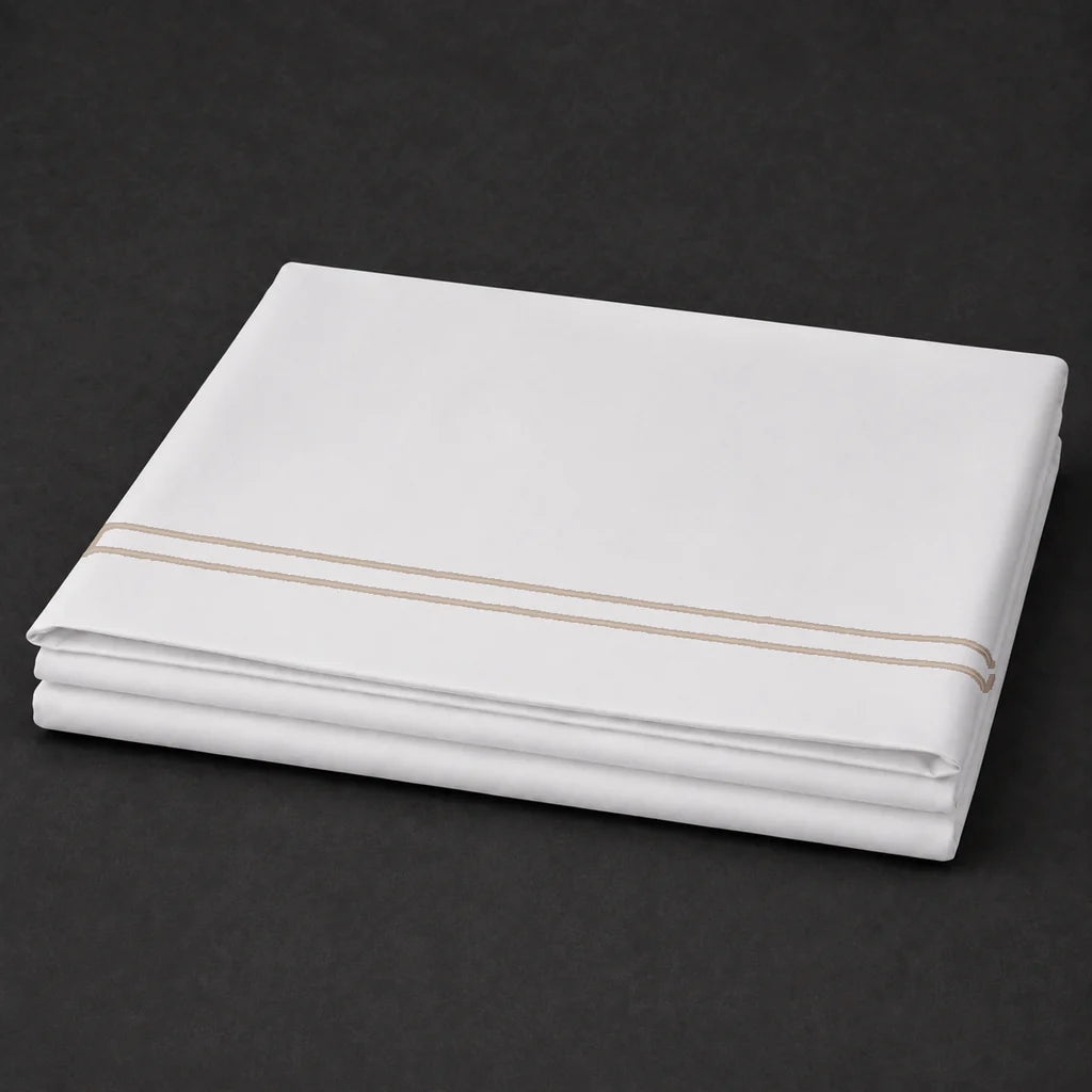 White Polycotton Percale 200TC flat sheet with Stone two row satin stitch - folded - Linen and Co