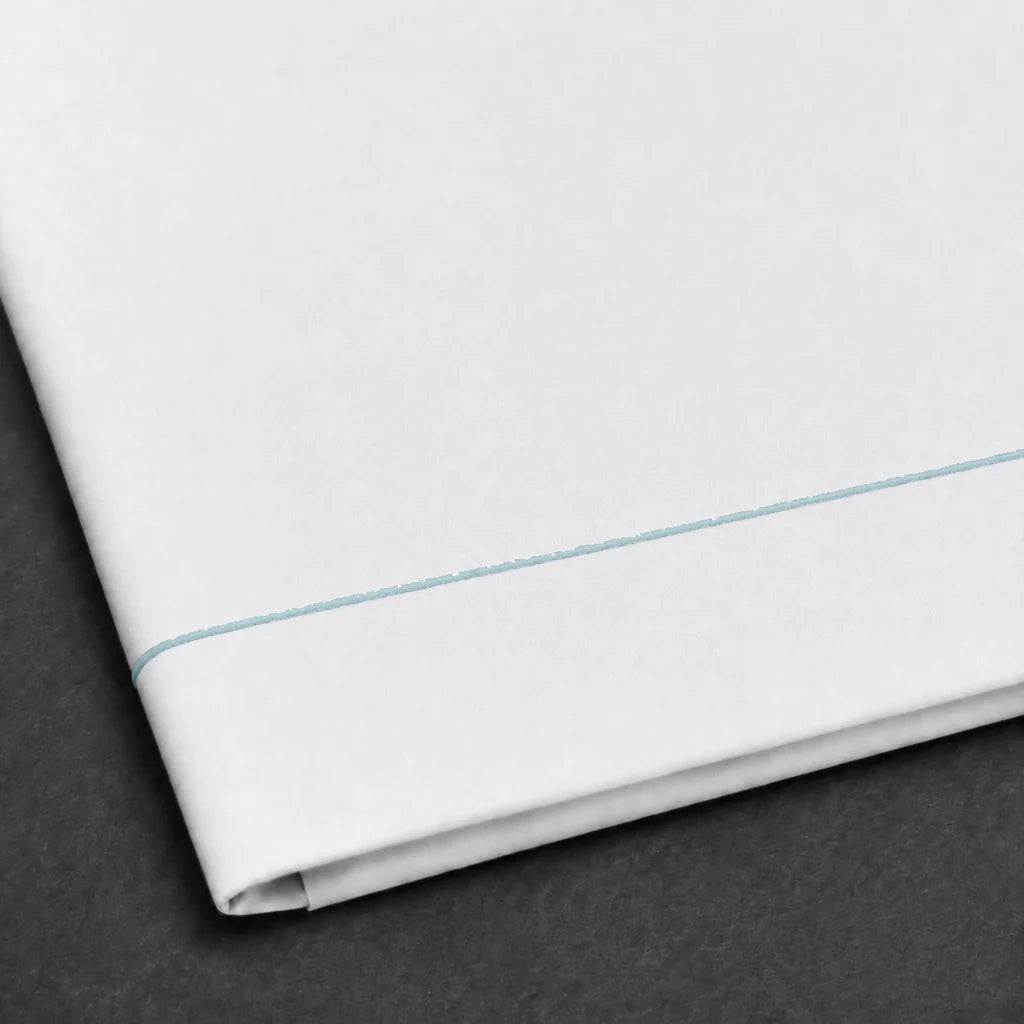 White Polycotton Percale 200TC flat sheet with Duck Egg one row satin stitch - satin stitch close-up - Linen and Co