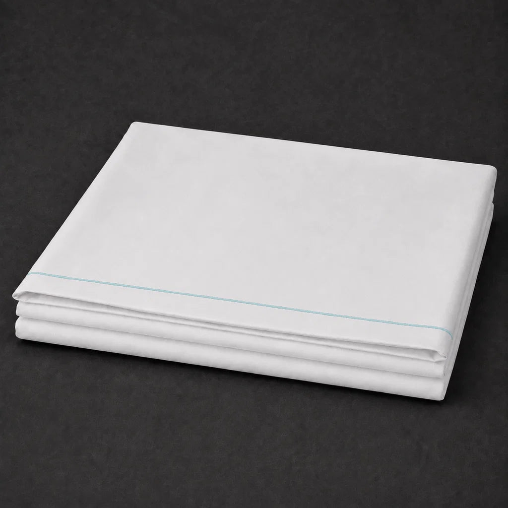 White Polycotton Percale 200TC flat sheet with Duck Egg one row satin stitch - folded - Linen and Co