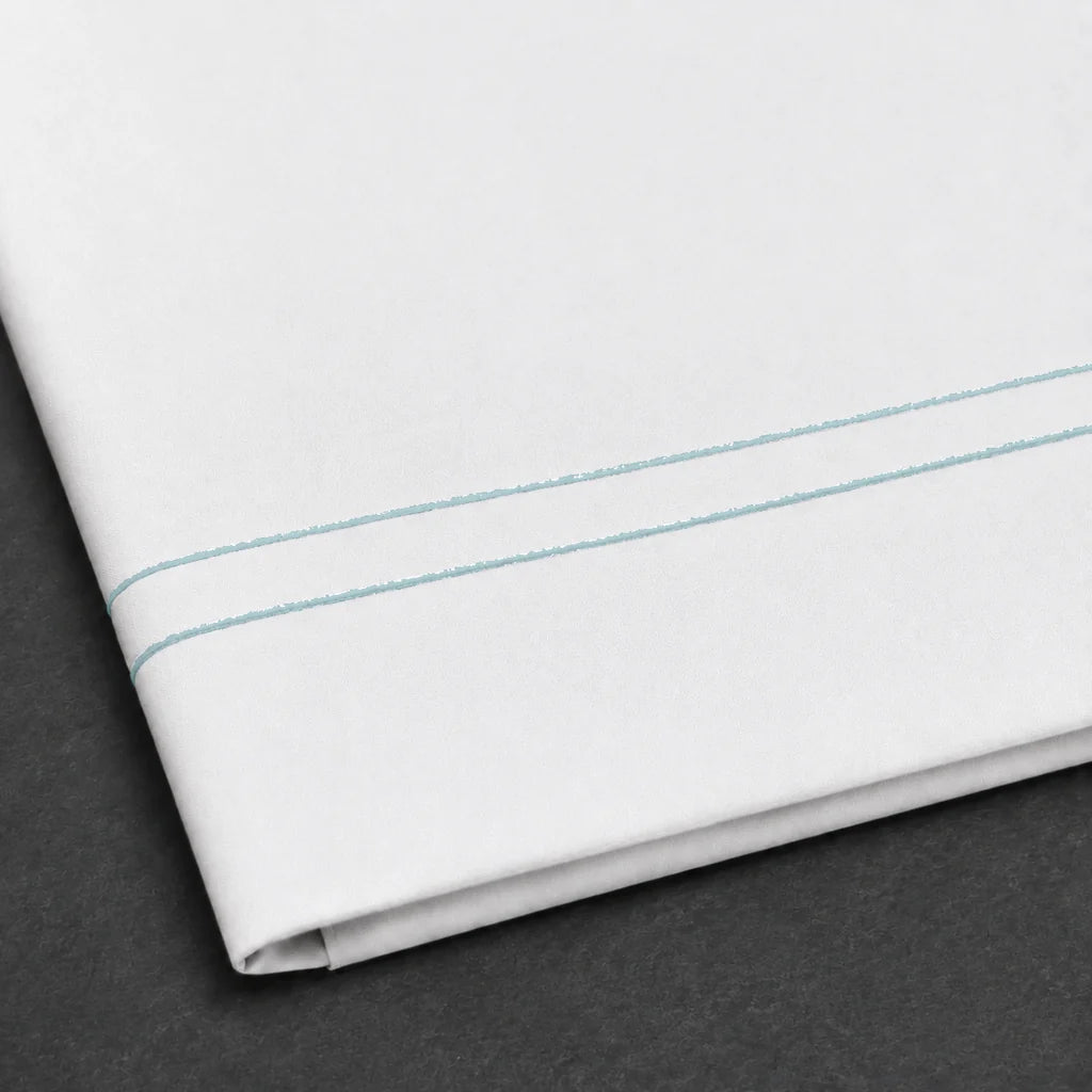 White Polycotton Percale 200TC flat sheet with Duck Egg two row satin stitch - satin stitch close-up - Linen and Co