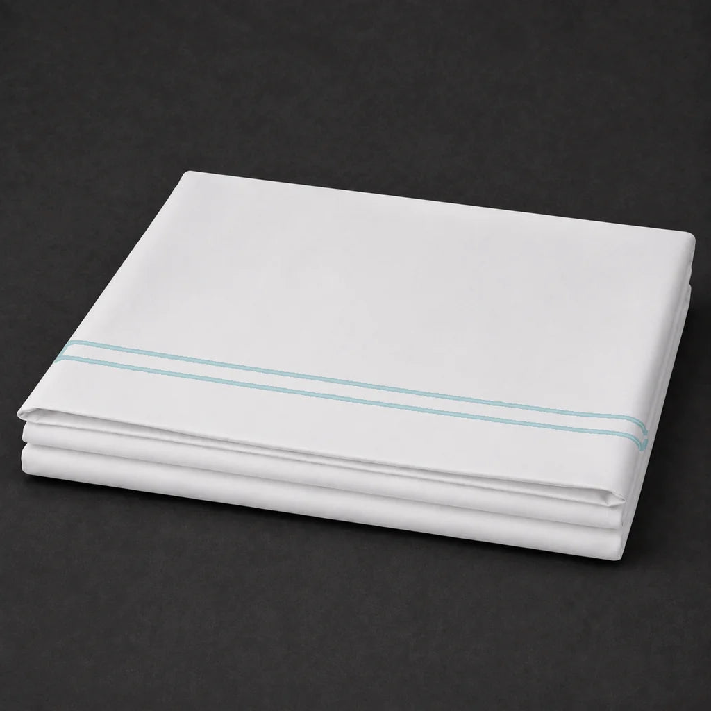 White Polycotton Percale 200TC flat sheet with Duck Egg two row satin stitch - folded - Linen and Co