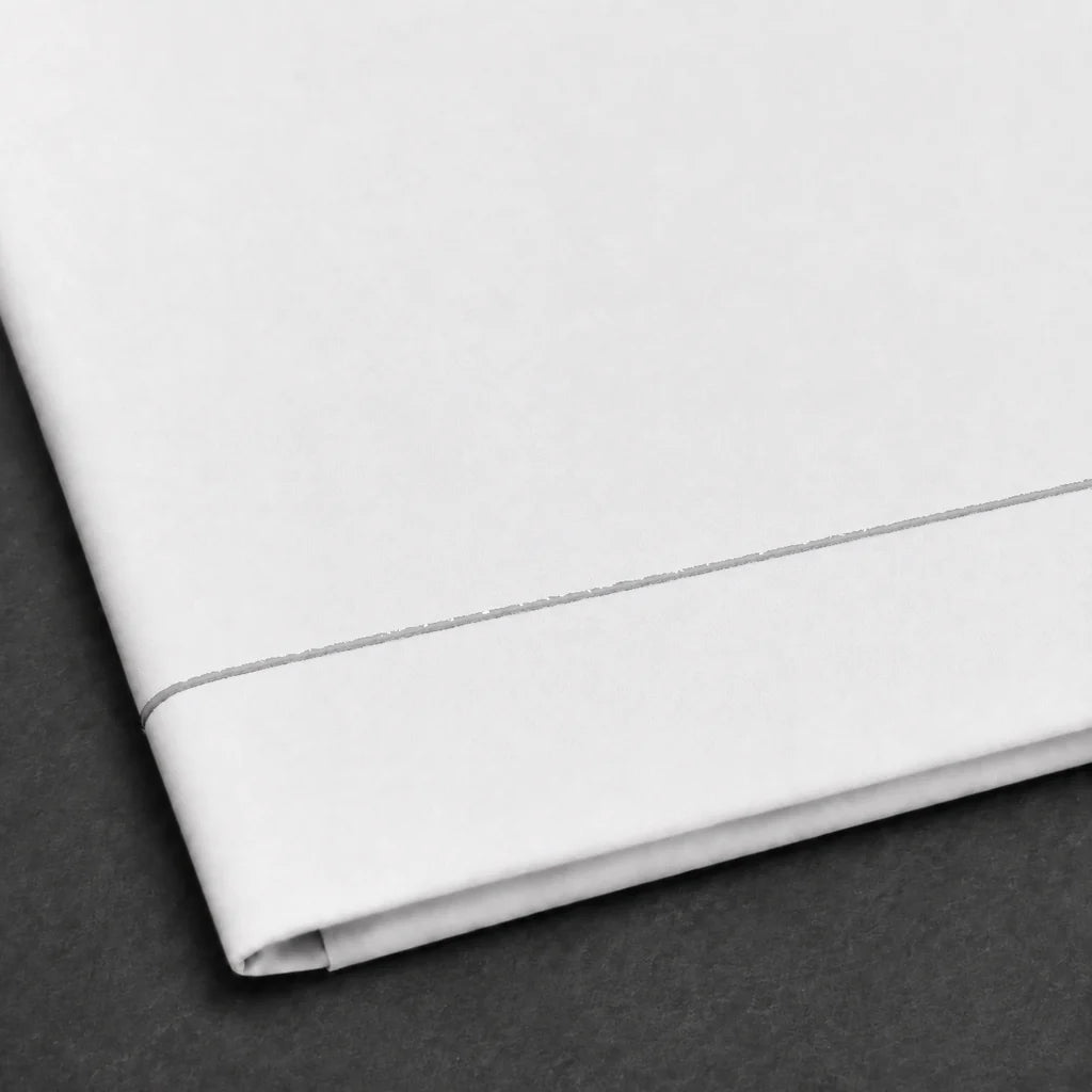 White Polycotton Percale 200TC flat sheet with Grey one row satin stitch - satin stitch close-up - Linen and Co