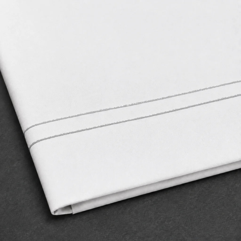 White Polycotton Percale 200TC flat sheet with Grey two row satin stitch - satin stitch close-up - Linen and Co