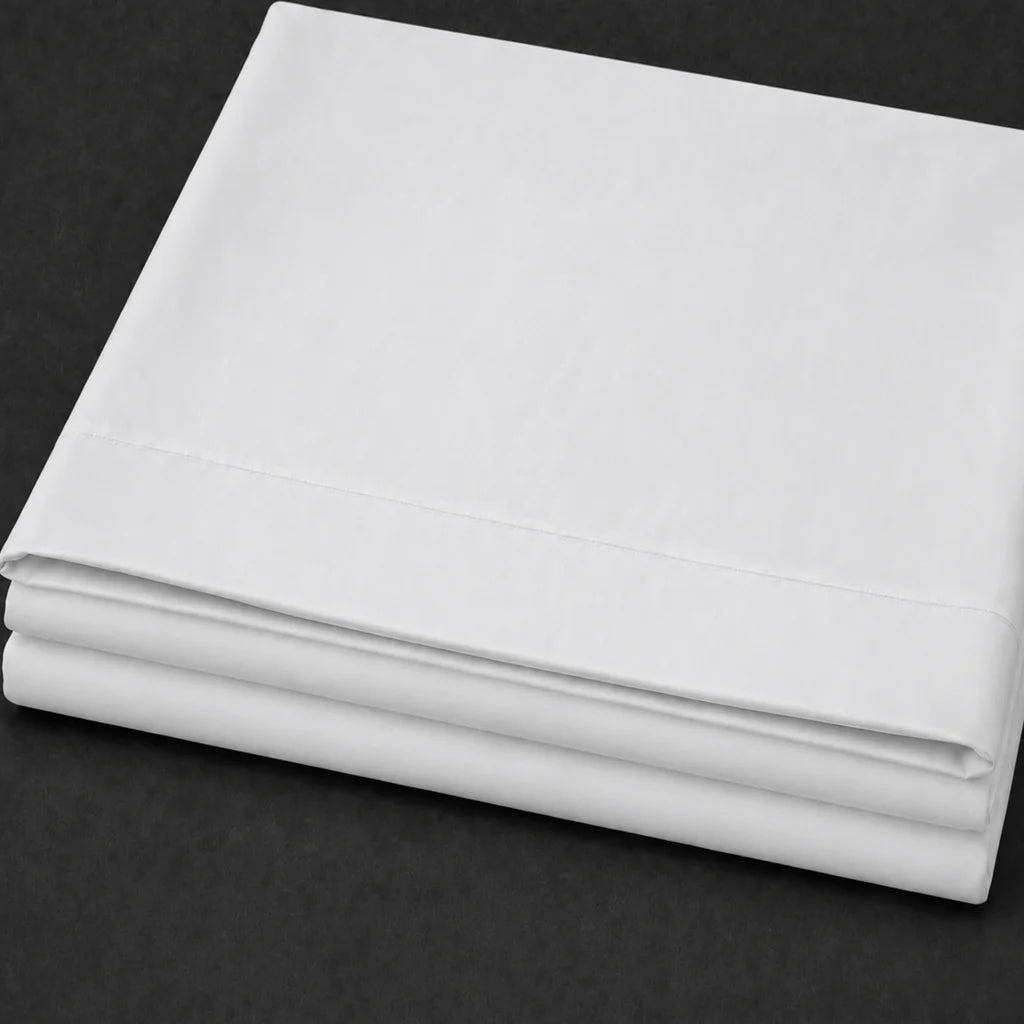 White Polycotton Percale 200TC flat sheet with no satin stitch - close-up detail - Linen and Co
