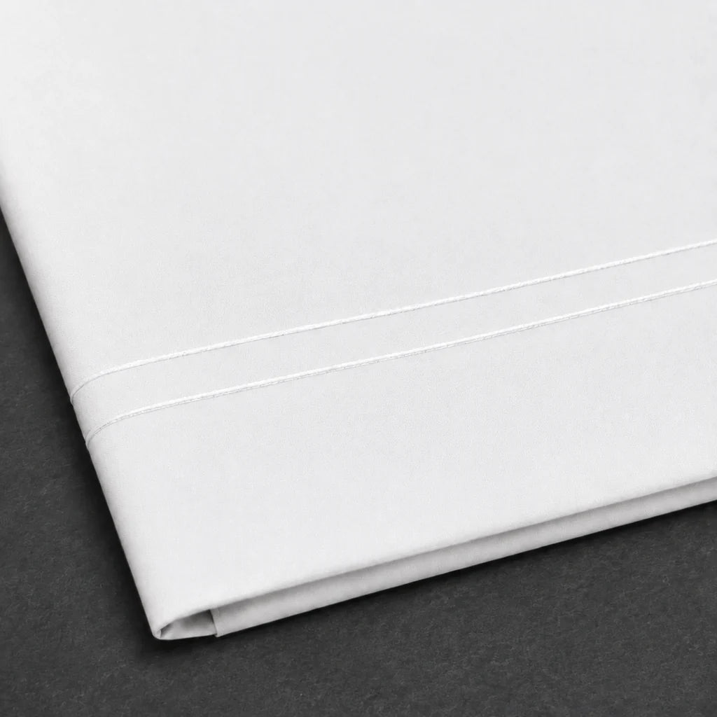 White Polycotton Percale 200TC flat sheet with White two row satin stitch - satin stitch close-up - Linen and Co