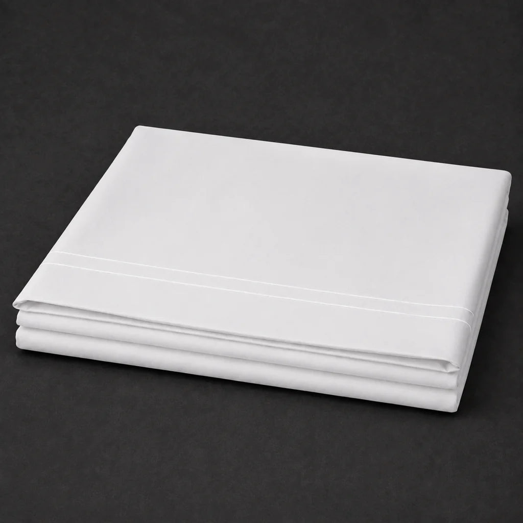 White Polycotton Percale 200TC flat sheet with White two row satin stitch - folded - Linen and Co