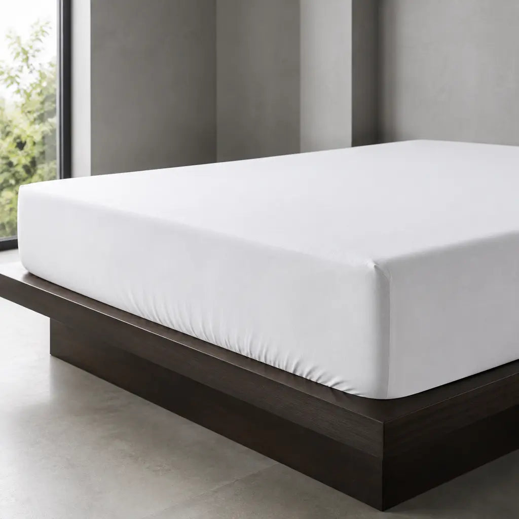 White Cotton Percale 200TC fitted sheet fitted over a mattress with the elasticated edge visible - hero - Linen and Co