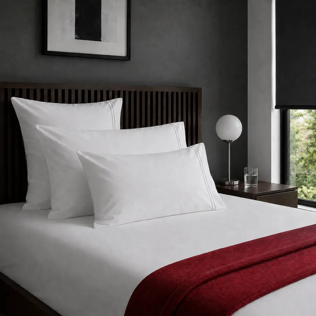 White 100% Cotton Percale 200TC pillow cases with Grey two-row satin stitch - on the bed - Linen and Co