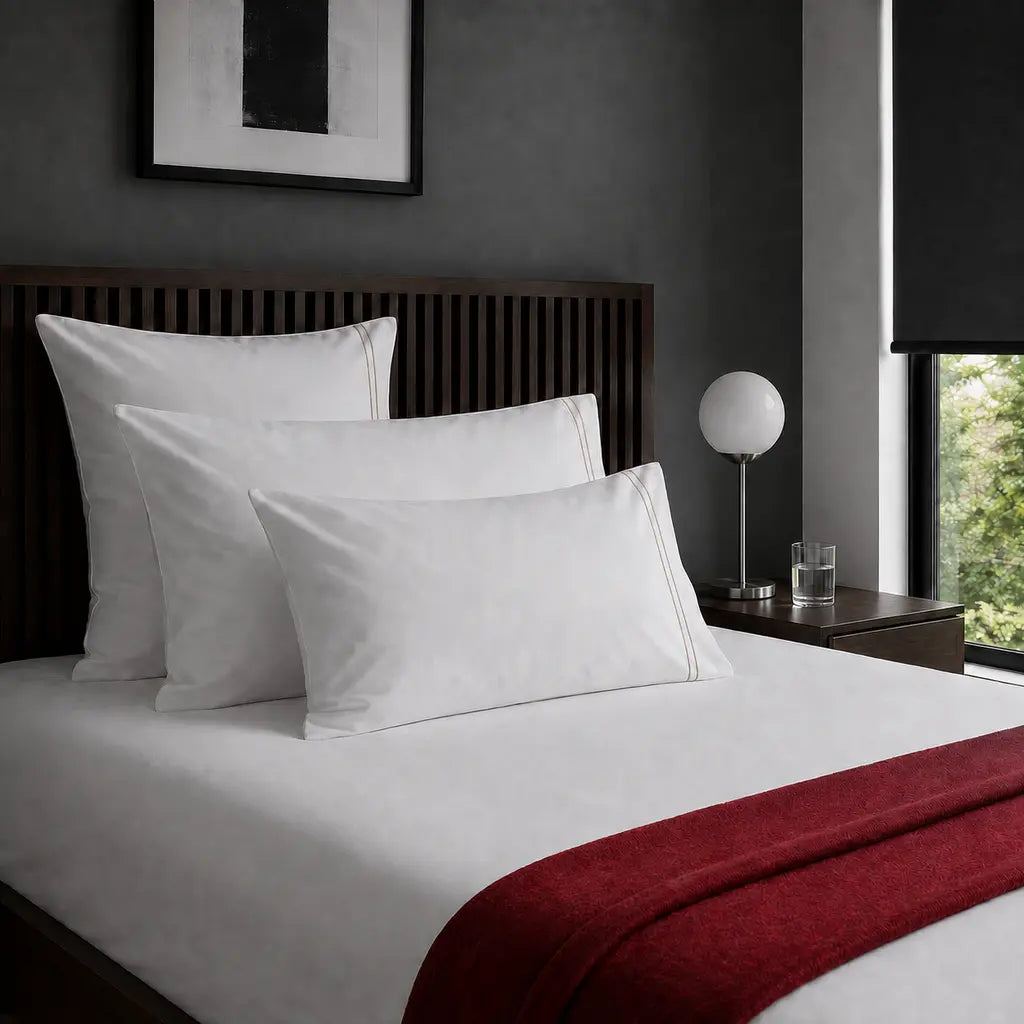 White 100% Cotton Percale 200TC pillow cases with Stone two-row satin stitch - on the bed - Linen and Co