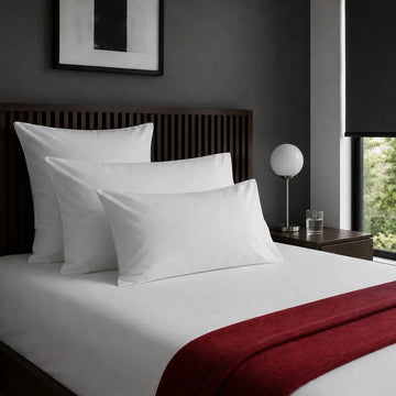 White 100% Cotton Percale 200TC Standard, King and Continental pillow cases, plain with no satin stitch - on the bed - Linen and Co