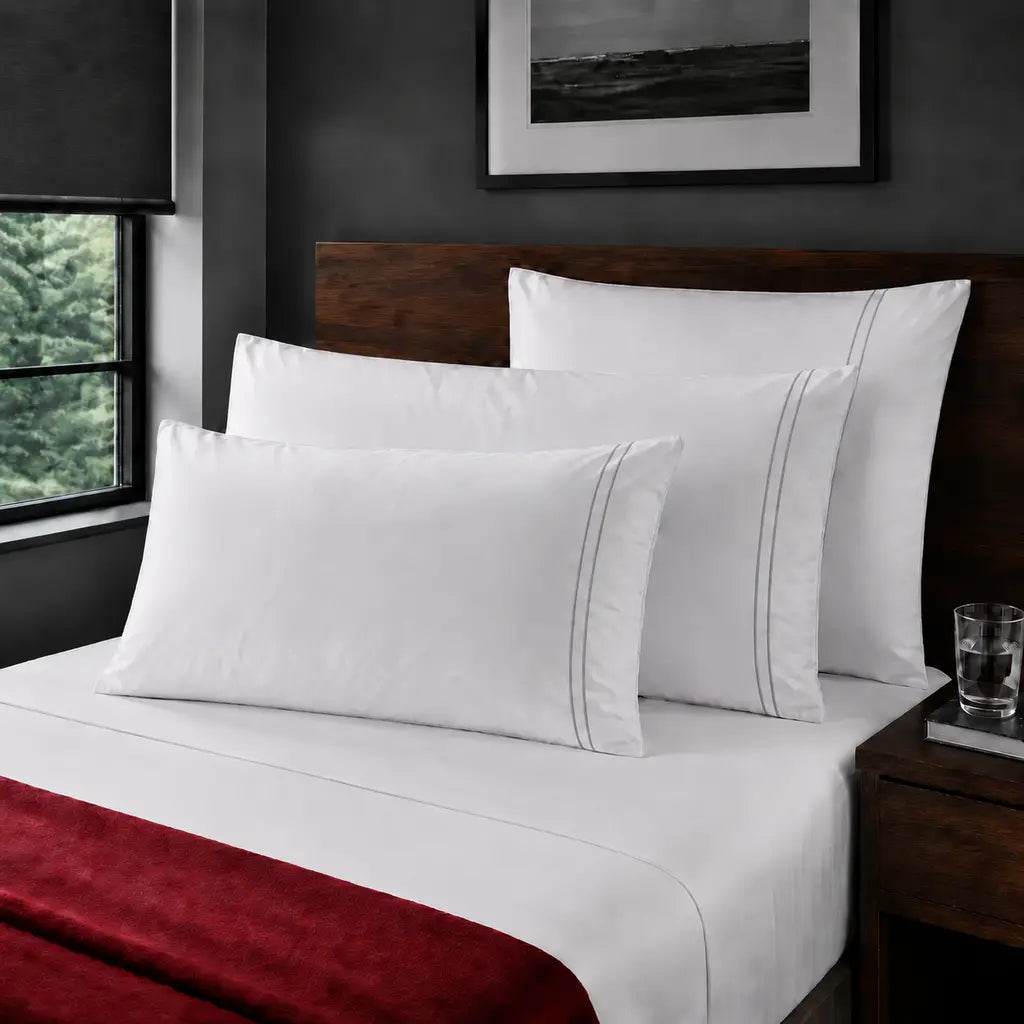 White Cotton Percale 300TC pillow cases with grey two row satin stitch - on the bed - Linen and Co