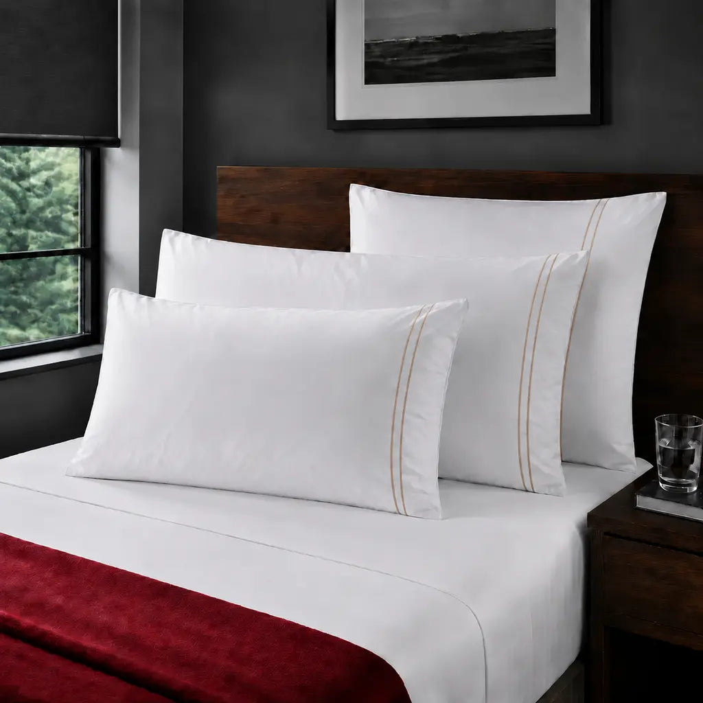 White Cotton Percale 300TC pillow cases with stone two row satin stitch - on the bed - Linen and Co